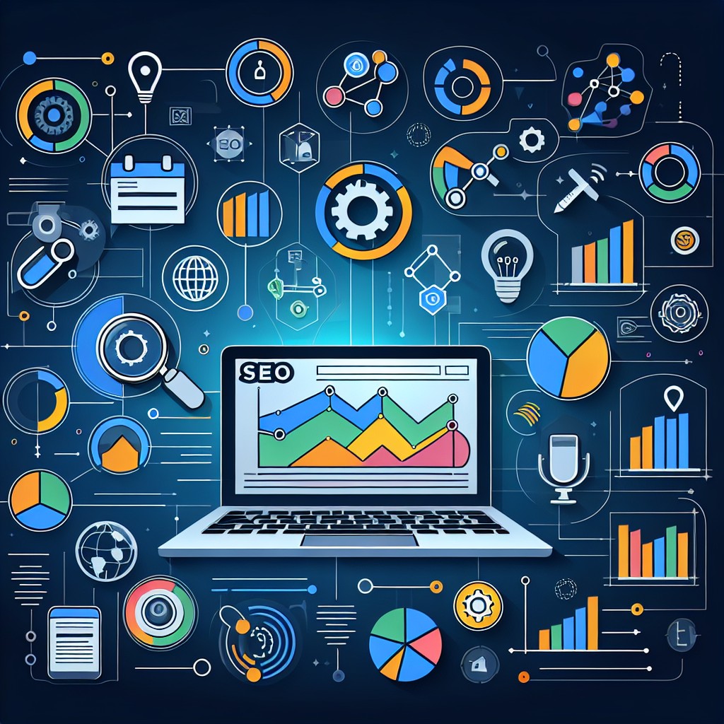 Image abstraite représentant les différentes stratégies SEO avec des graphiques et des icônes d'outils numériques.