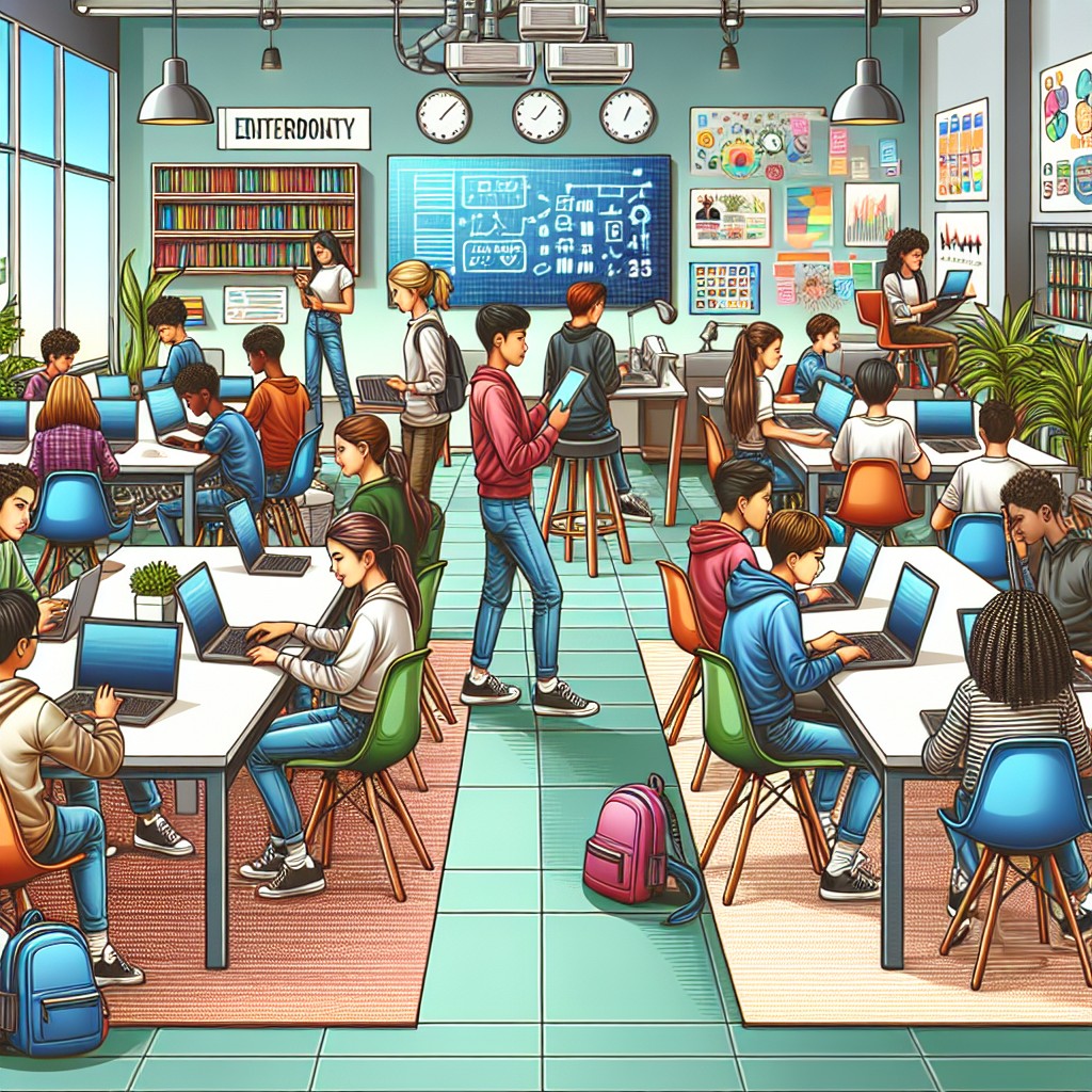 Illustration d'une salle de classe moderne avec des élèves utilisant des tablettes et des ordinateurs.