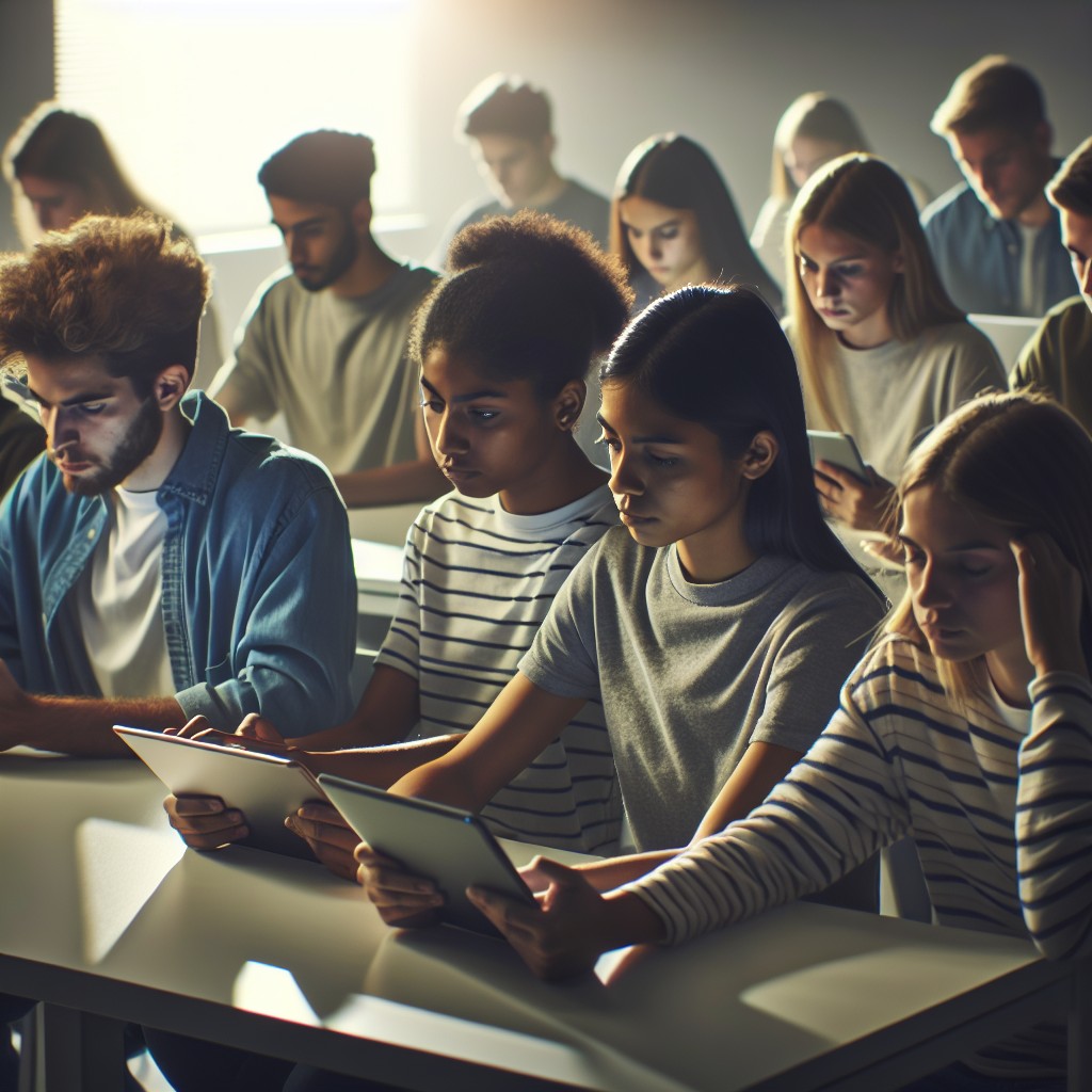 Vue inspirante d'étudiants utilisant des tablettes dans une salle de classe numérique moderne.