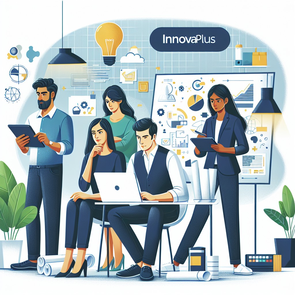 Couverture illustrant une équipe Innovaplus travaillant sur des solutions digitales innovantes