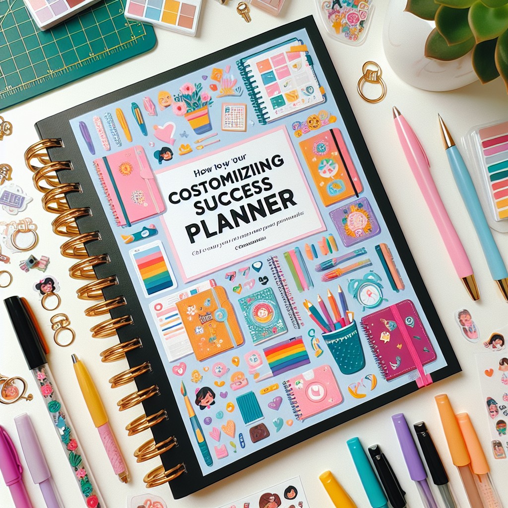 Couverture d'un article sur la personnalisation des Succes Planners montrant divers outils de planification, tels que des stylos colorés, des stickers, et un planner ouvert.