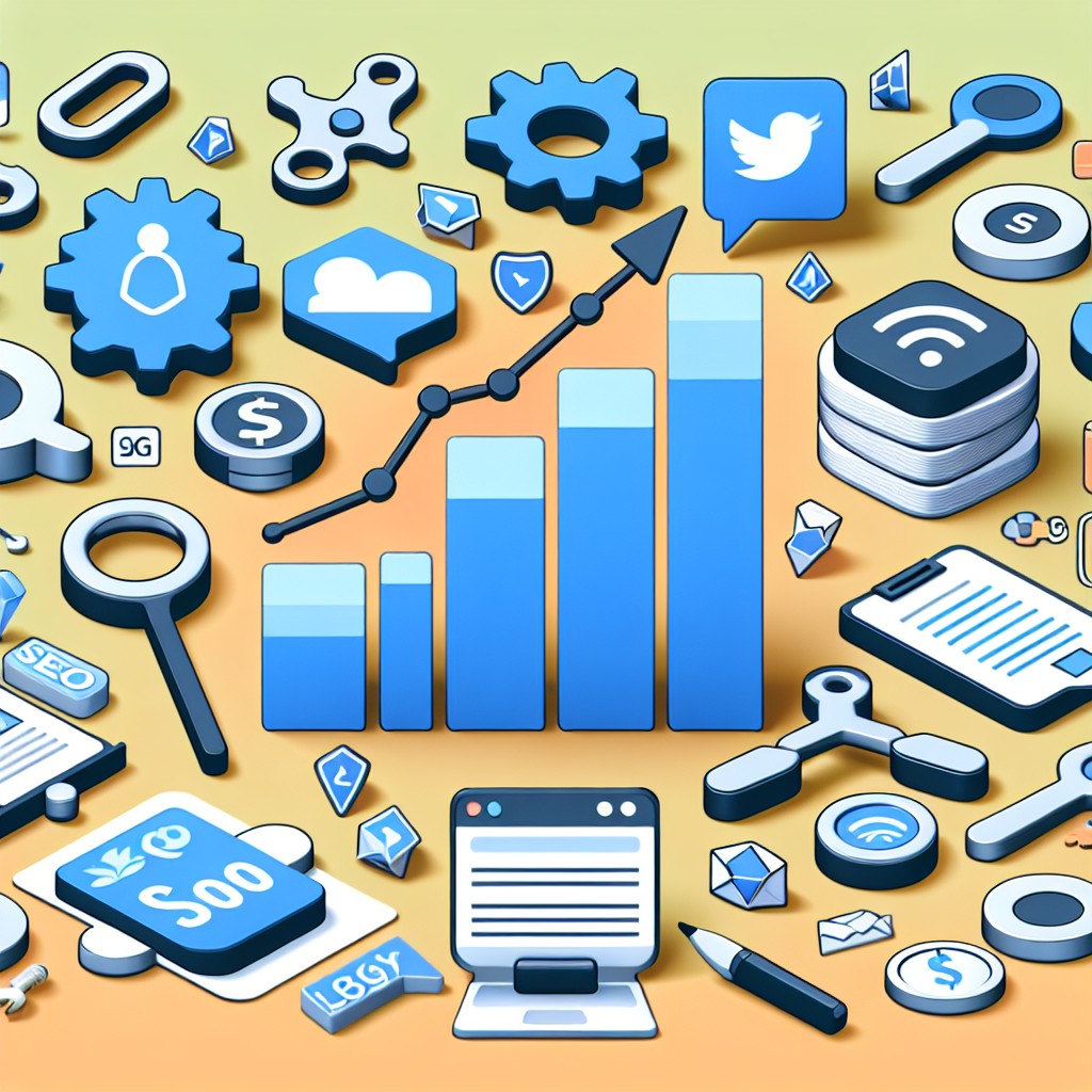 Couverture montrant des outils de marketing numérique et un graphique de croissance symbolisant l'impact du SEO sur les petites entreprises.