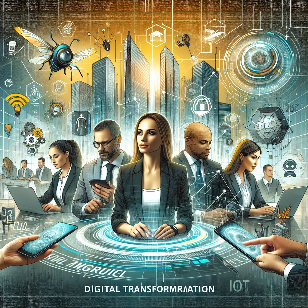 Couverture illustrant la transformation digitale en 2024, avec des éléments comme l'intelligence artificielle, l'Internet des objets (IoT) et des employés utilisant des technologies modernes.