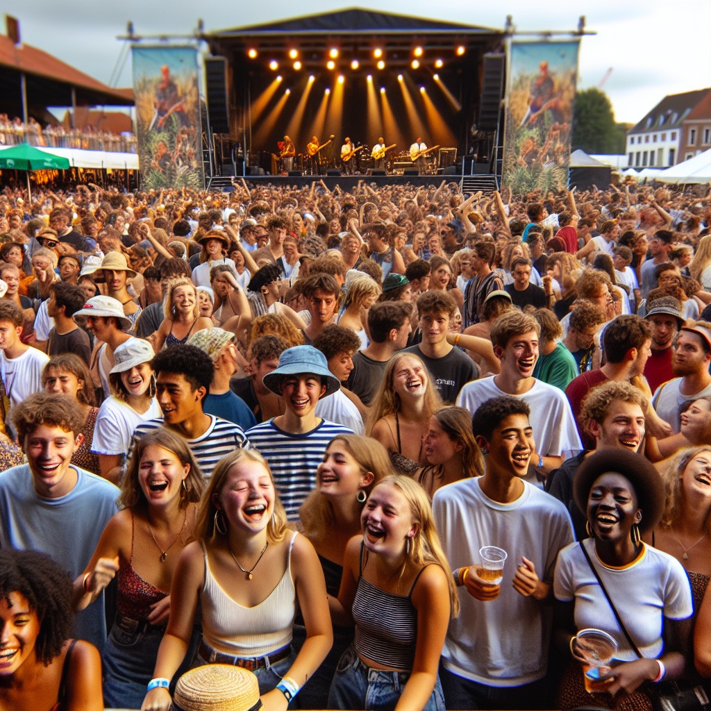 Scène animée de festival en Wallonie avec foule heureuse et scène musicale.