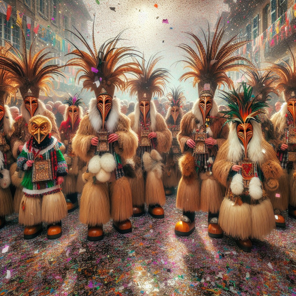 Une scène colorée du Carnaval de Binche, mettant en valeur les costumes flamboyants des Gilles de Binche.