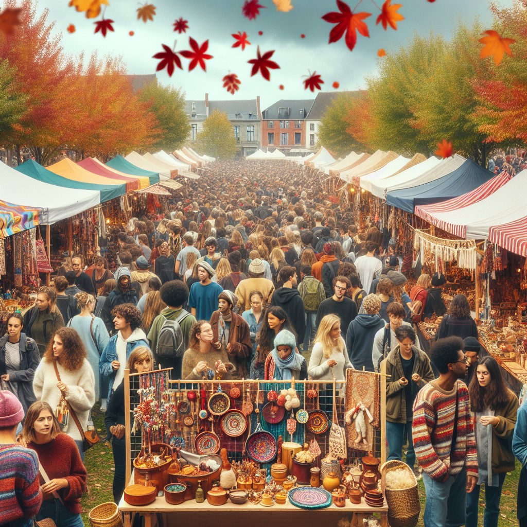 Une foule animée visitant des stands d'artisanat et de gastronomie au Festival Novembre 2024 en Wallonie, sous un ciel d'automne.