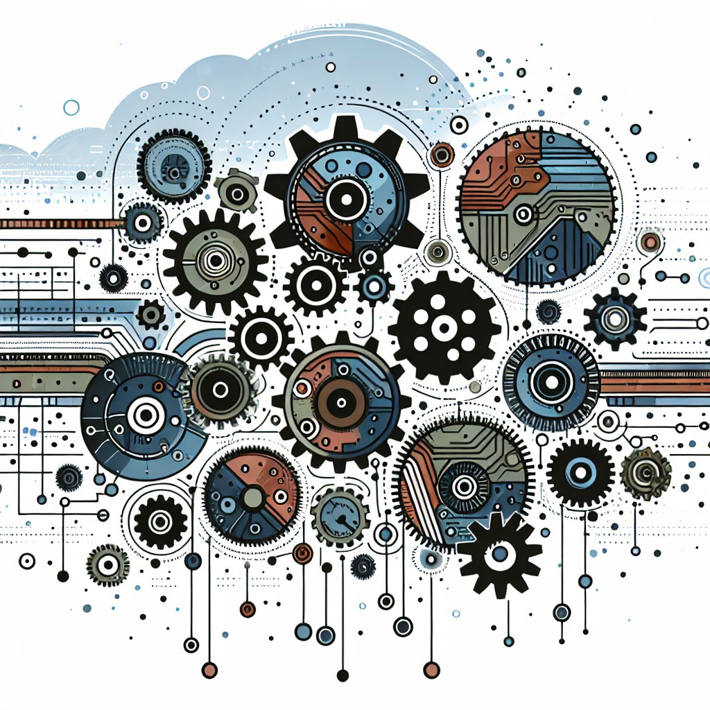 Une illustration moderne représentant des rouages et des circuits symbolisant l'automatisation et la technologie dans le contexte des PME.