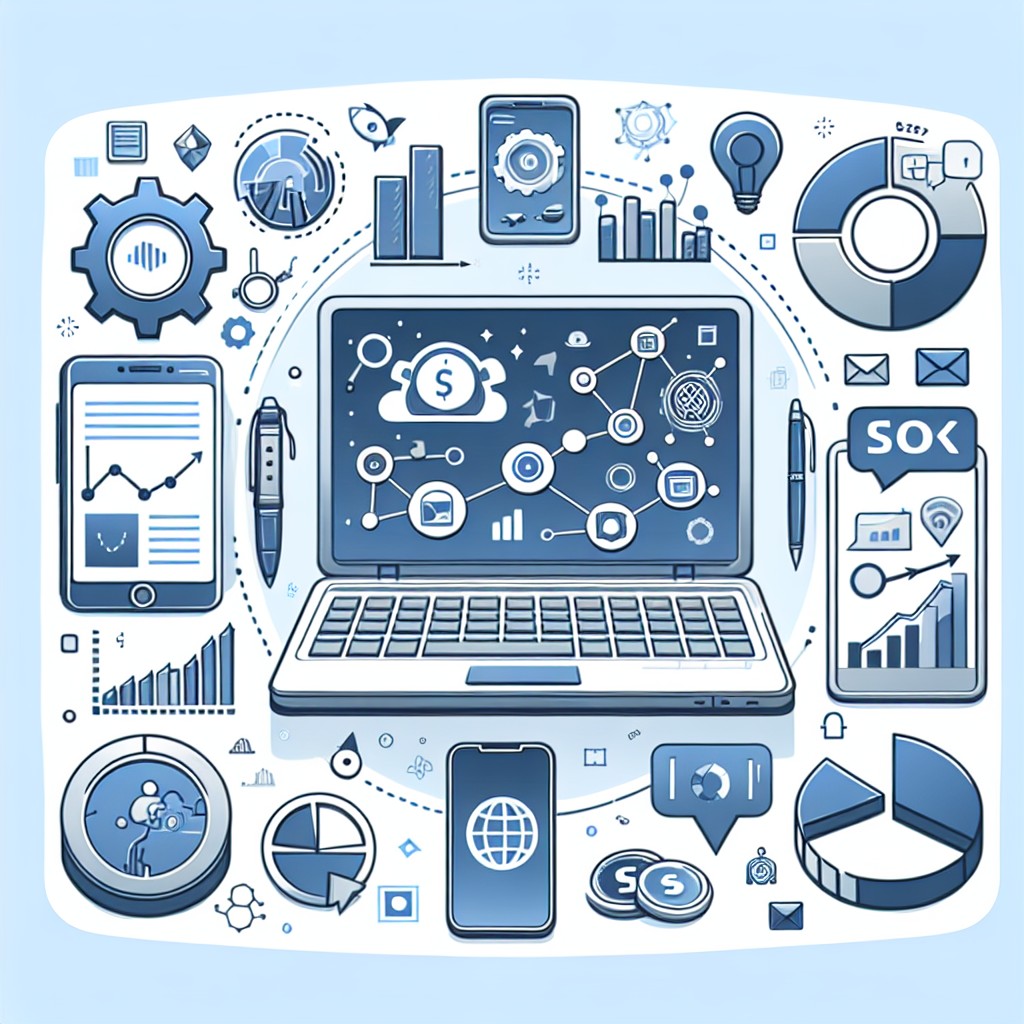 Une illustration représentant des outils de marketing digital tels que des ordinateurs portables, des smartphones et des graphiques de données, symbolisant l'adoption numérique par les PME.