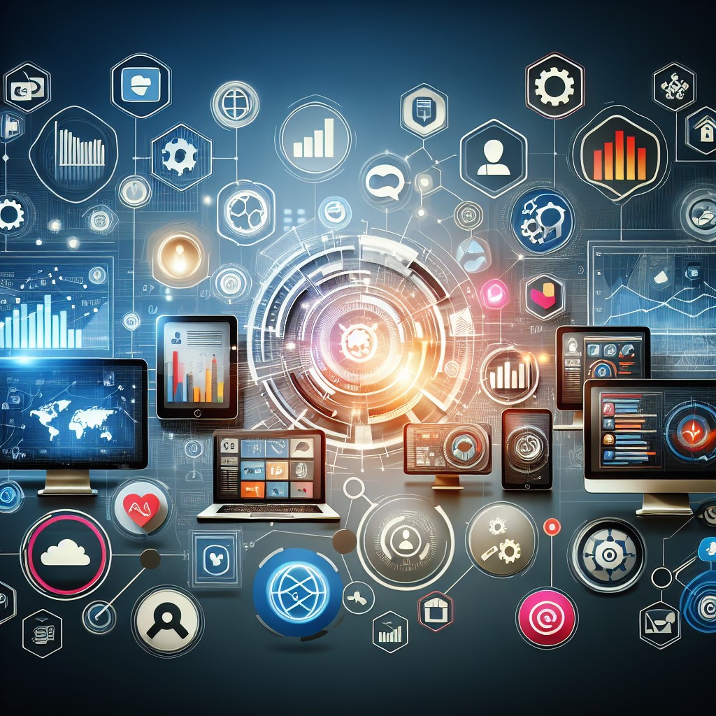 Image de couverture montrant divers outils de marketing digital, tels que des tableaux analytiques, des icônes de réseaux sociaux et des applications CRM, symbolisant la stratégie de marketing digital pour PME en 2024.