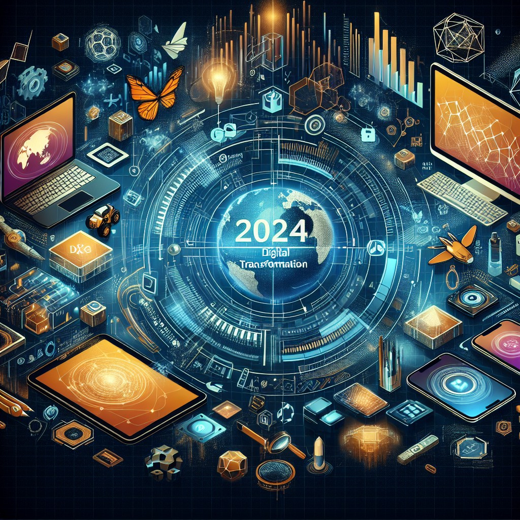 Couverture de l'article sur la transformation numérique en 2024, montrant divers dispositifs technologiques et graphiques de données illustrant l'évolution digitale.