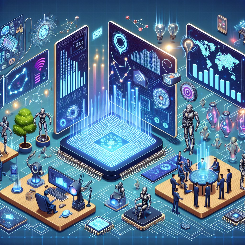 Une illustration représentant l'innovation technologique, avec des éléments symbolisant l'intelligence artificielle, le marketing digital, et la transformation numérique pour les entreprises en 2024.