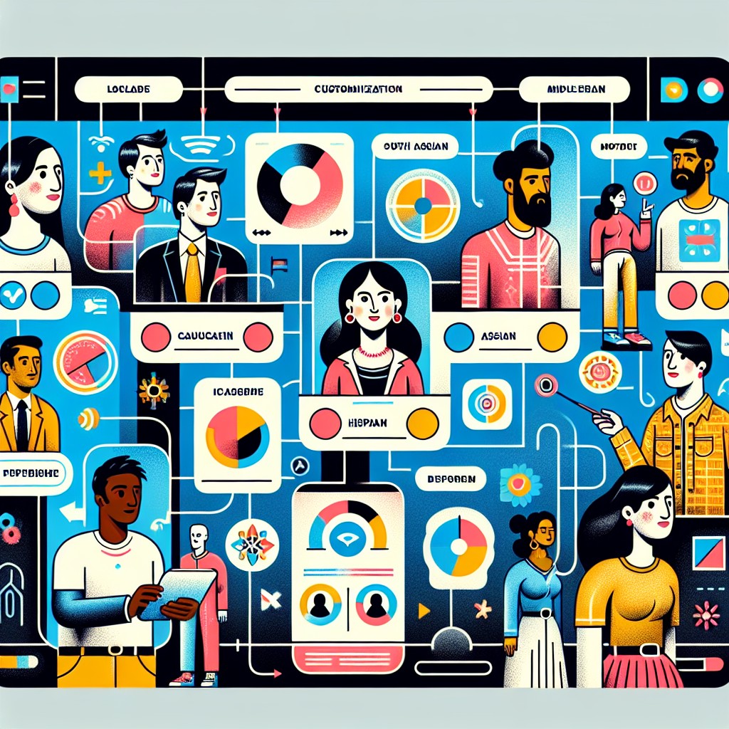 Une illustration représentant la personnalisation dans le monde numérique moderne, avec des individus interagissant avec des interfaces adaptées à leurs préférences.