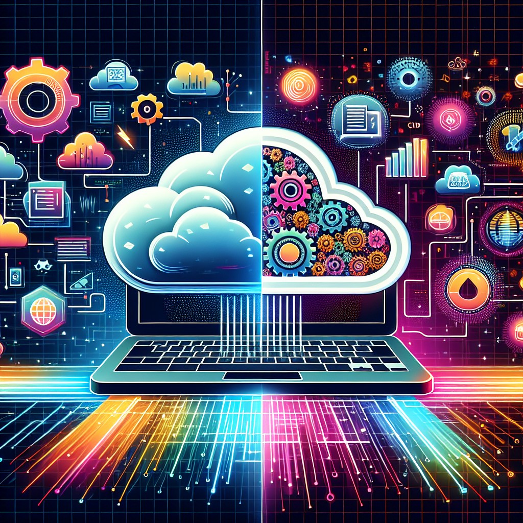 Illustration d'une transformation digitale avec des éléments de développement web modernes comme le Machine Learning et le Cloud Computing.