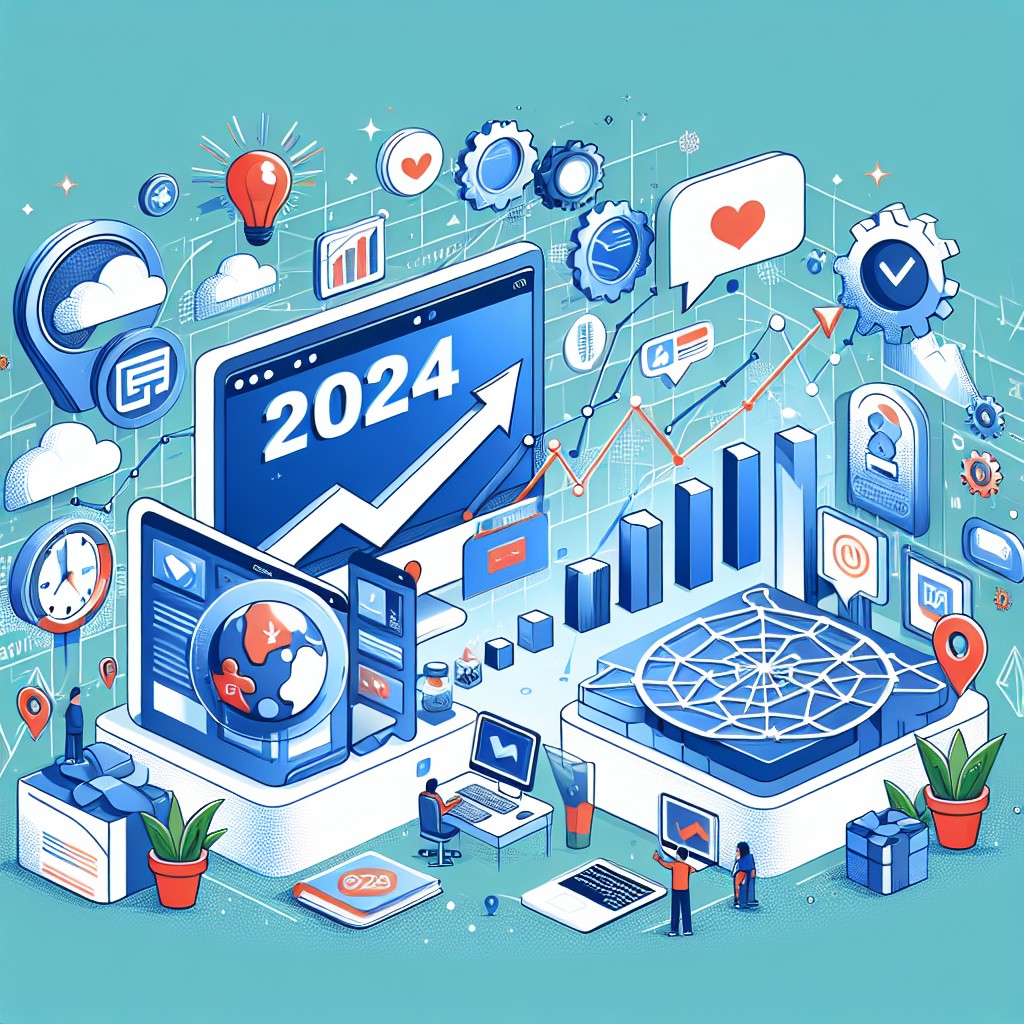 Une illustration représentant l'essor du développement web en 2024 avec des éléments comme des ordinateurs, des graphiques de croissance et des icônes de réseaux sociaux.