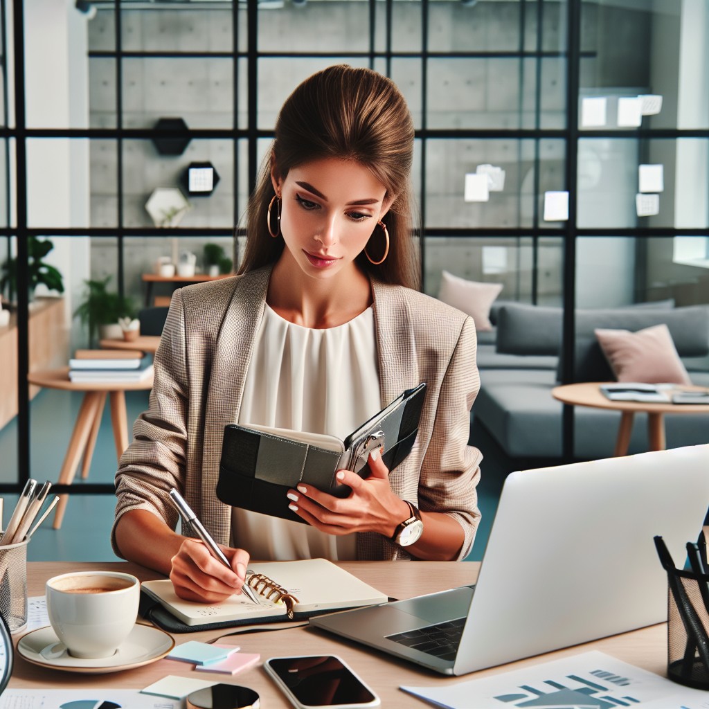 Un professionnel utilisant un Succes Planner dans un cadre de travail moderne, avec des éléments de productivité autour de lui.