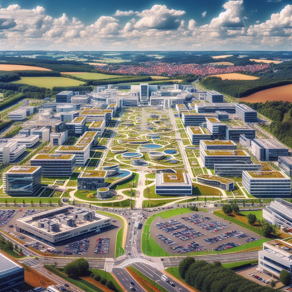 Vue aérienne de la Wallonie montrant des centres technologiques et de recherche.