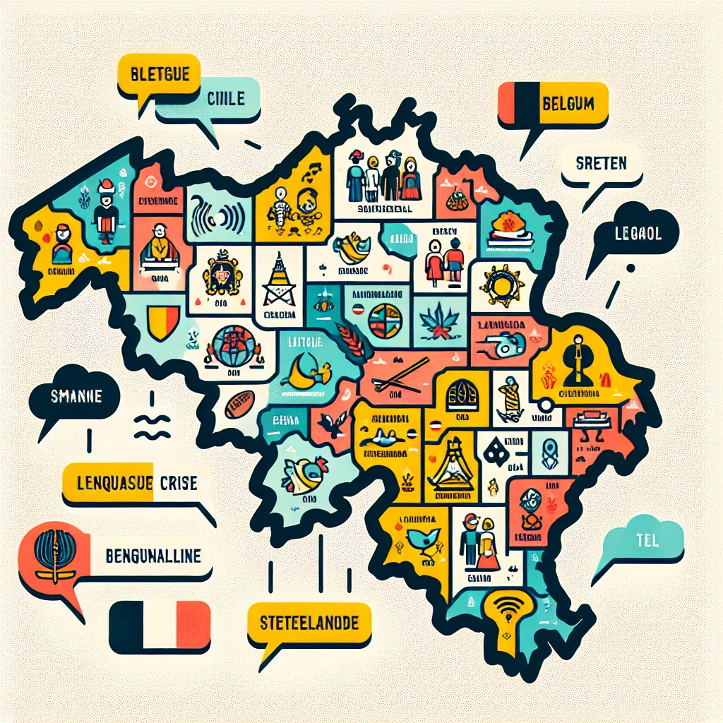 Une carte de la Belgique avec des icônes de référencement et de localisation linguistique.