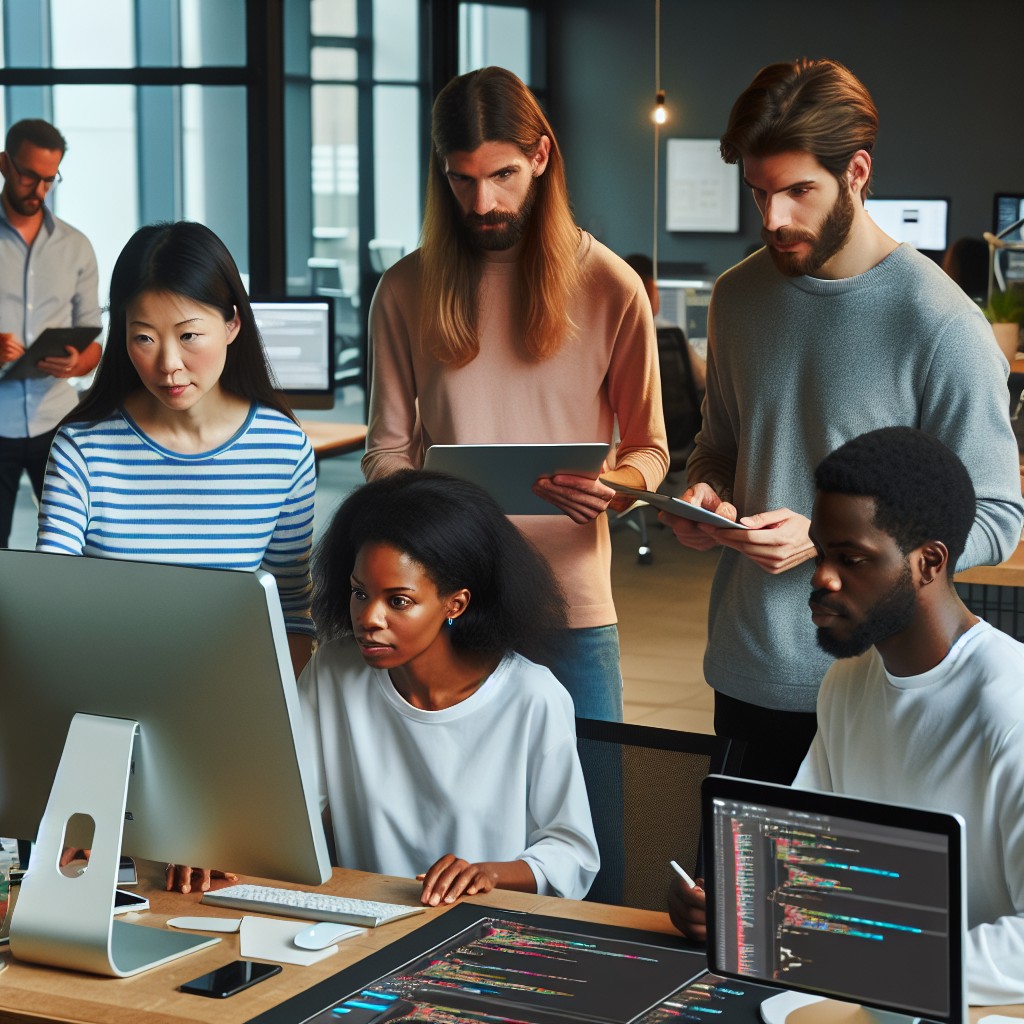 Photo d'une équipe de développeurs web travaillant ensemble dans un bureau moderne en Wallonie.