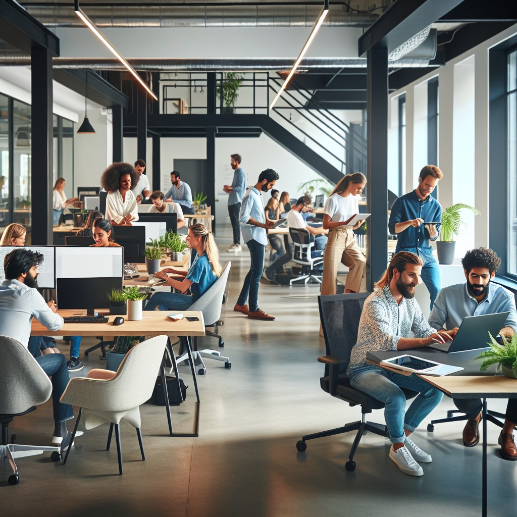 Vue d'une équipe dynamique travaillant sur des projets digitaux dans un espace de coworking moderne en Wallonie.