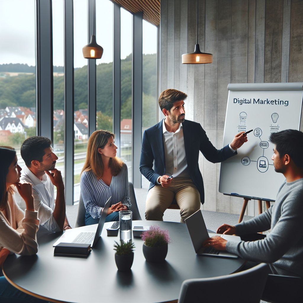 Un expert en marketing digital discutant de stratégies web avec des entrepreneurs locaux en Wallonie.