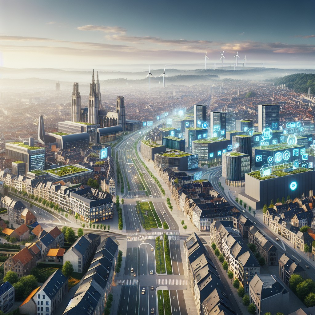 Vue panoramique d'une ville wallonne moderne avec des infrastructures technologiques avancées