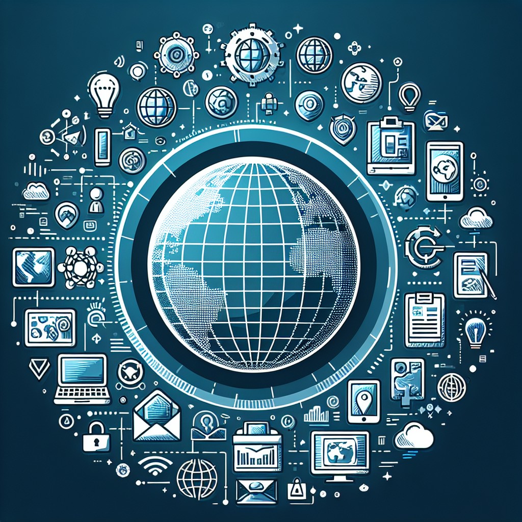 Illustration d'un globe numérique encerclé par des icônes représentant divers aspects du commerce en ligne, symbolisant la globalisation et la digitalisation pour les PME.