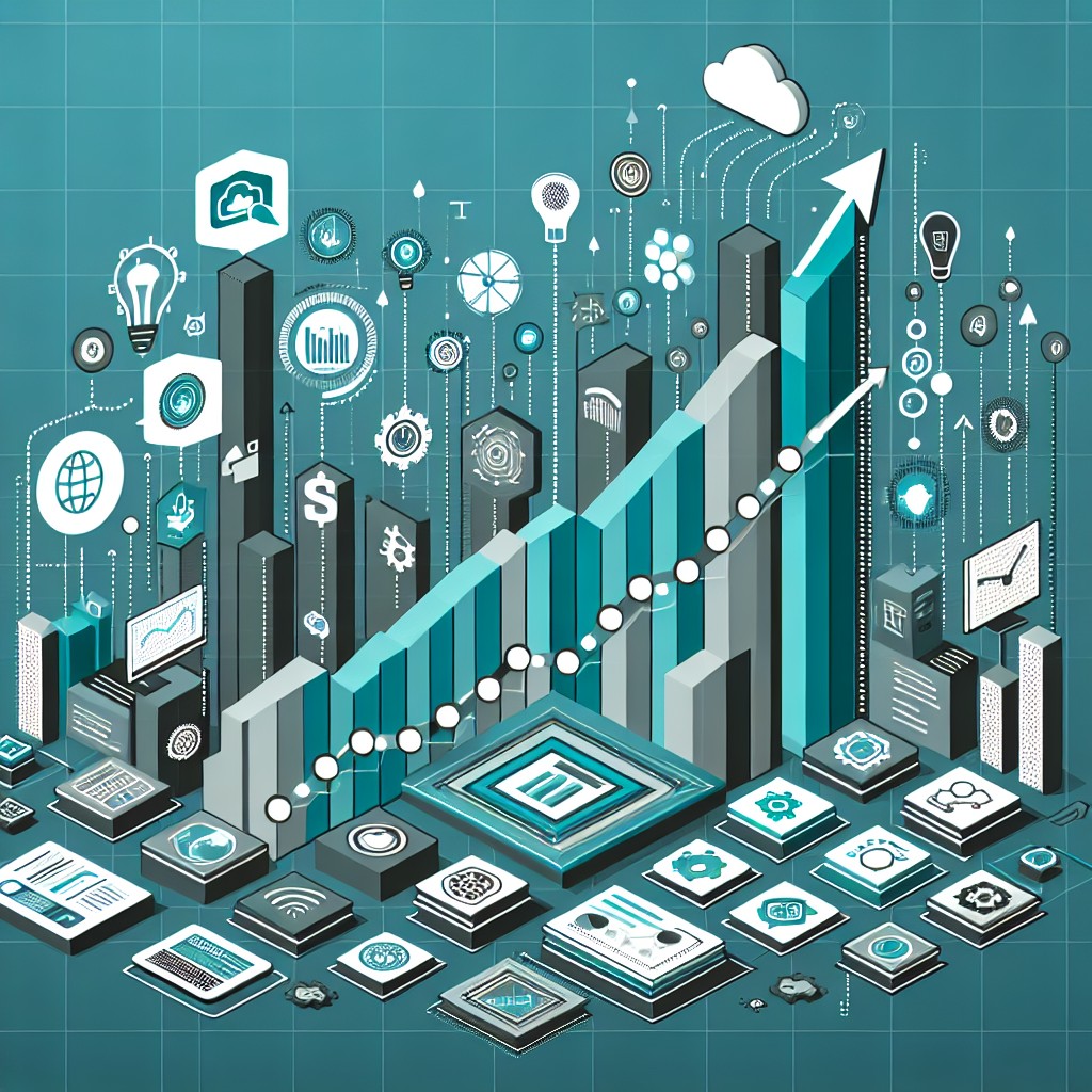 Un graphique illustrant la transformation numérique d'une PME, avec des icônes représentant des outils digitaux et une augmentation de la croissance.