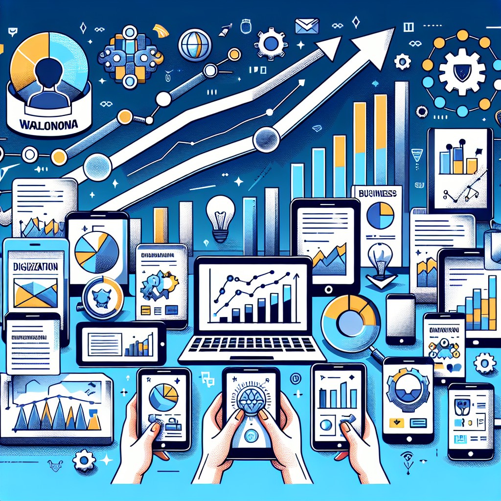 Couverture montrant des entreprises wallonnes prospérant grâce à la numérisation, avec des graphiques et des appareils numériques.