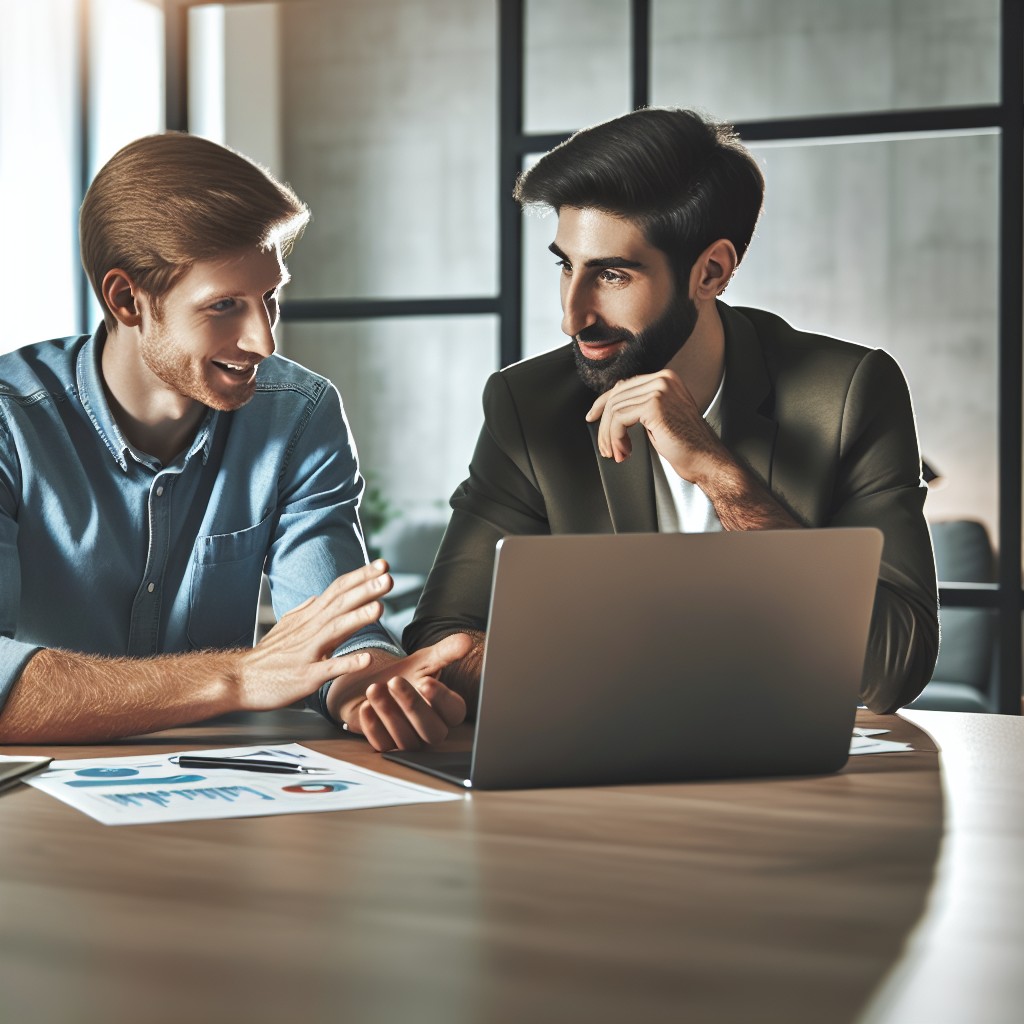 Deux personnes discutant sur une table avec un ordinateur portable, symbolisant la collaboration pour une stratégie de contenu efficace.