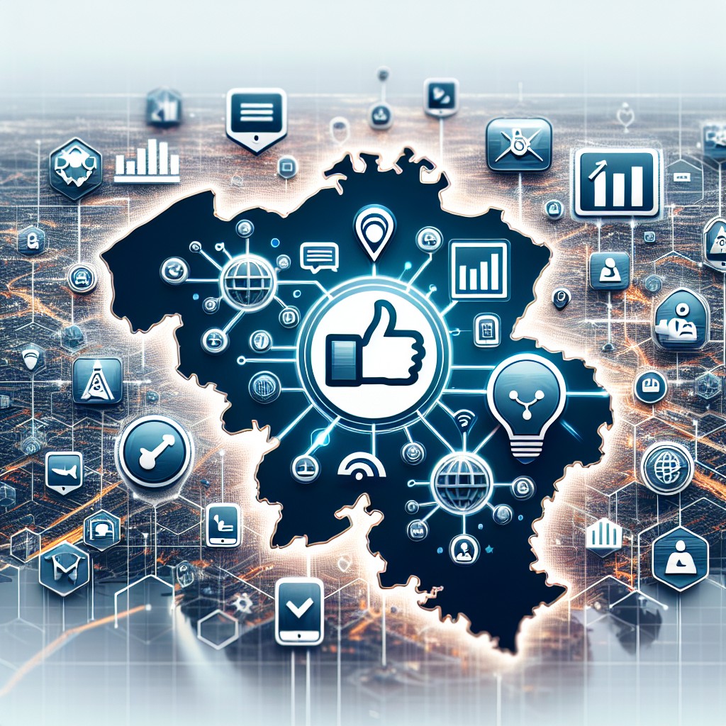 Carte de Belgique avec des icônes de réseaux sociaux et d'outils de marketing digital