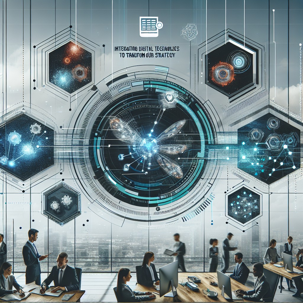 Couverture illustrant une entreprise intégrant des technologies digitales pour transformer leur stratégie, accompagnée d'éléments visuels modernes et innovants.