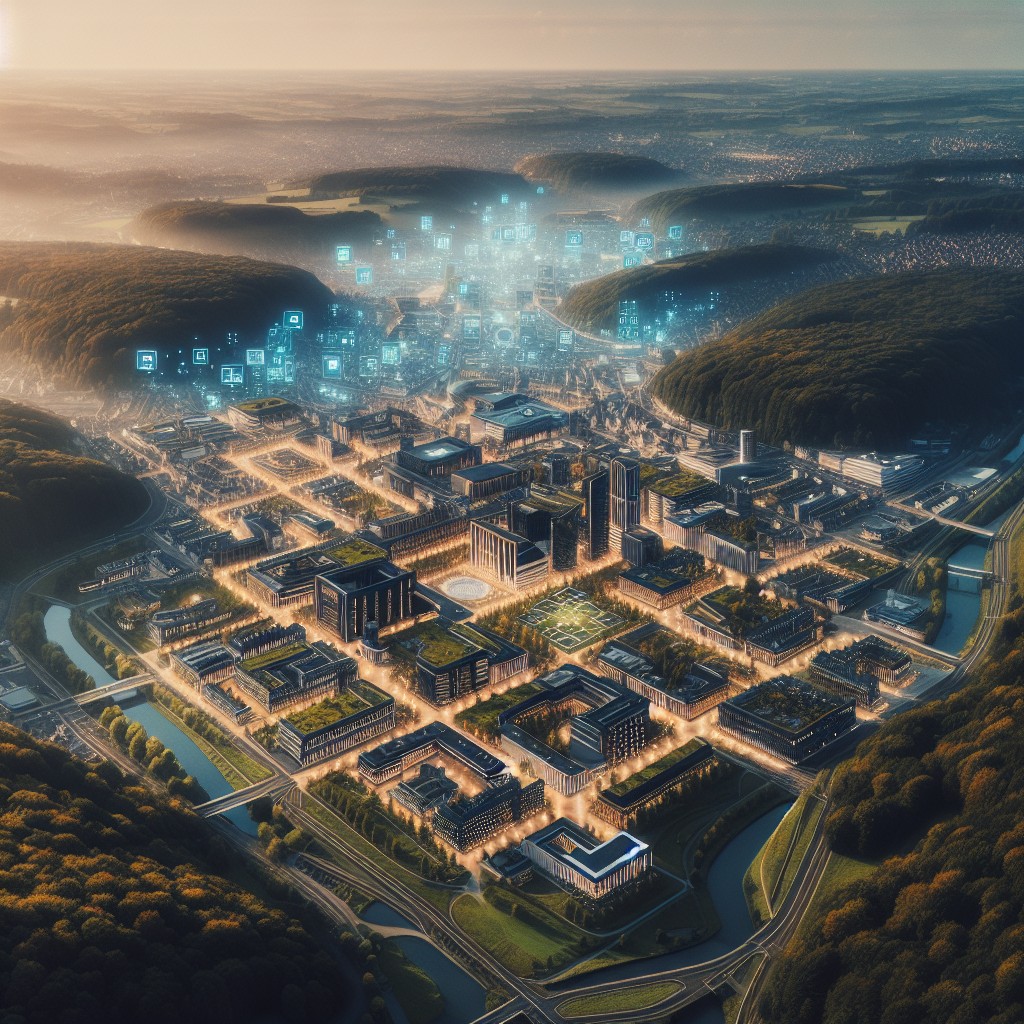 Une vue aérienne de la Wallonie montrant des parcs technologiques modernes et des infrastructures numériques.