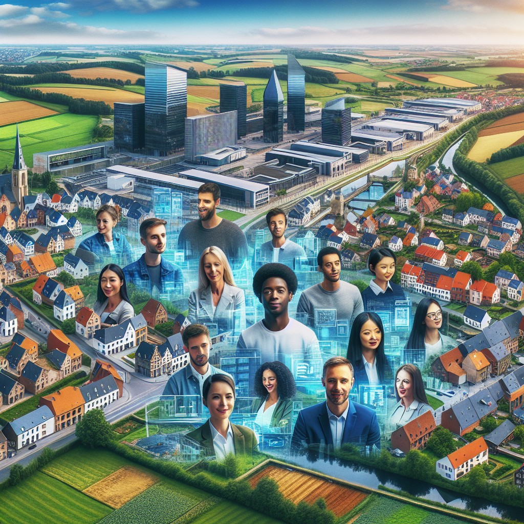 Vue panoramique de la Wallonie avec des infrastructures technologiques modernes et des équipes de jeunes professionnels travaillant ensemble.