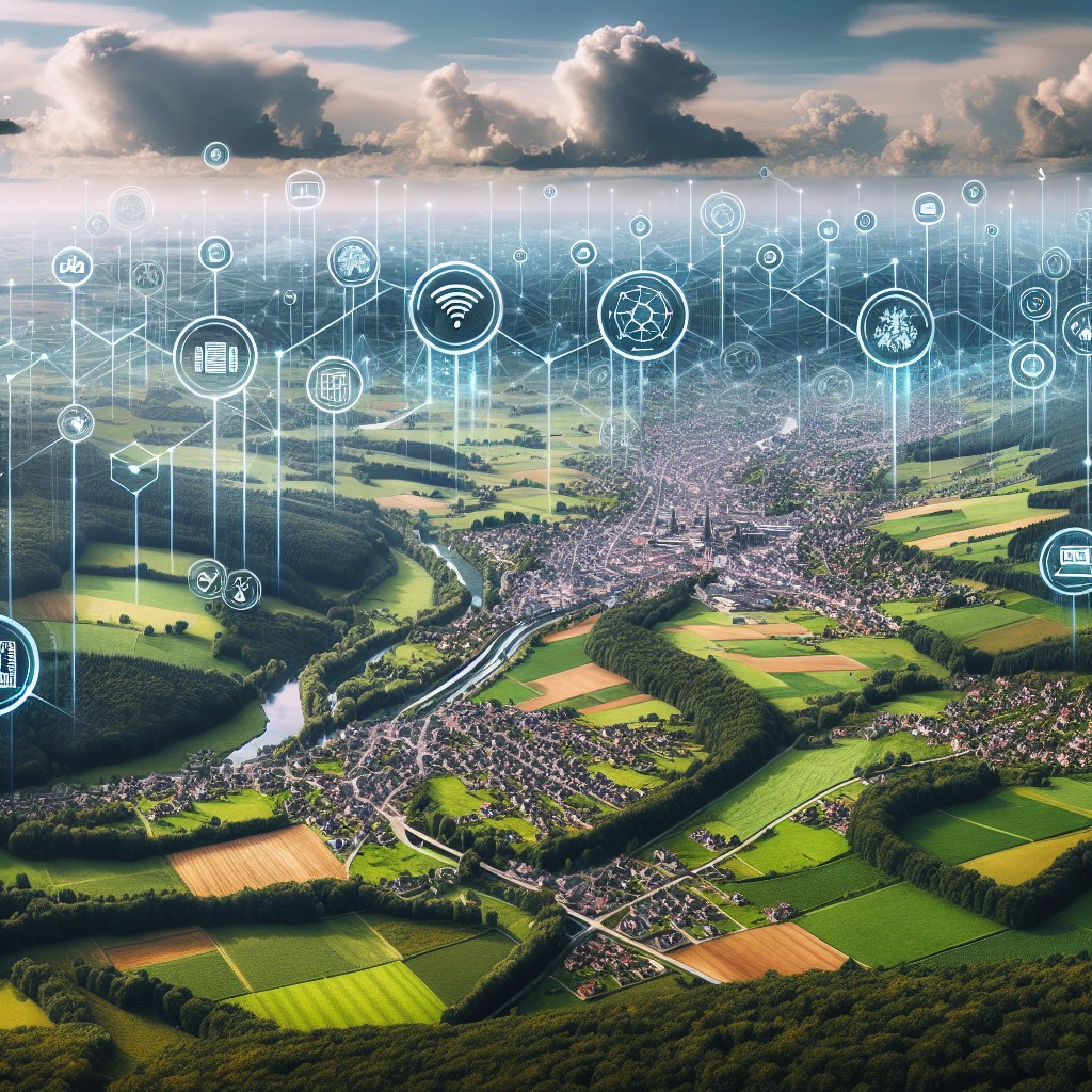 Vue aérienne de la Wallonie intégrant des éléments technologiques comme des réseaux et des icônes digitales symbolisant la transformation numérique.