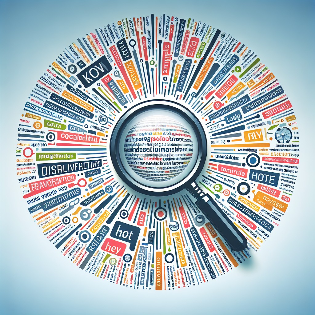 Représentation graphique de mots-clés entourant une loupe, symbolisant l'analyse et la recherche de termes pertinents.