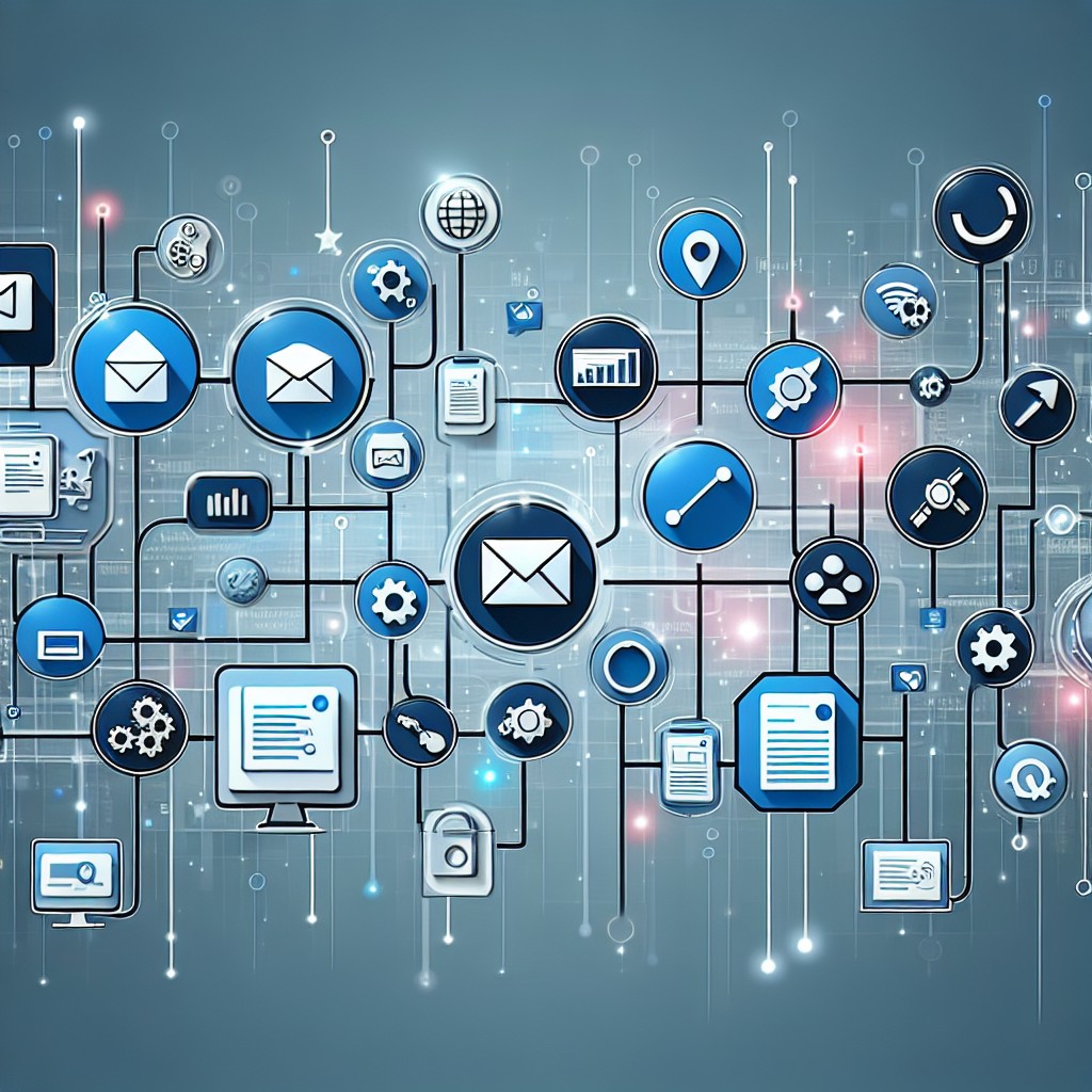 Illustration moderne d'automatisation marketing, montrant des icônes de différents outils digitaux connectés par des lignes de code.