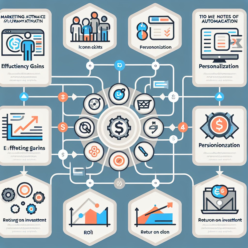 Une infographie illustrant les avantages du marketing automation pour les PME avec des icônes de gains d'efficacité, personnalisation et ROI.