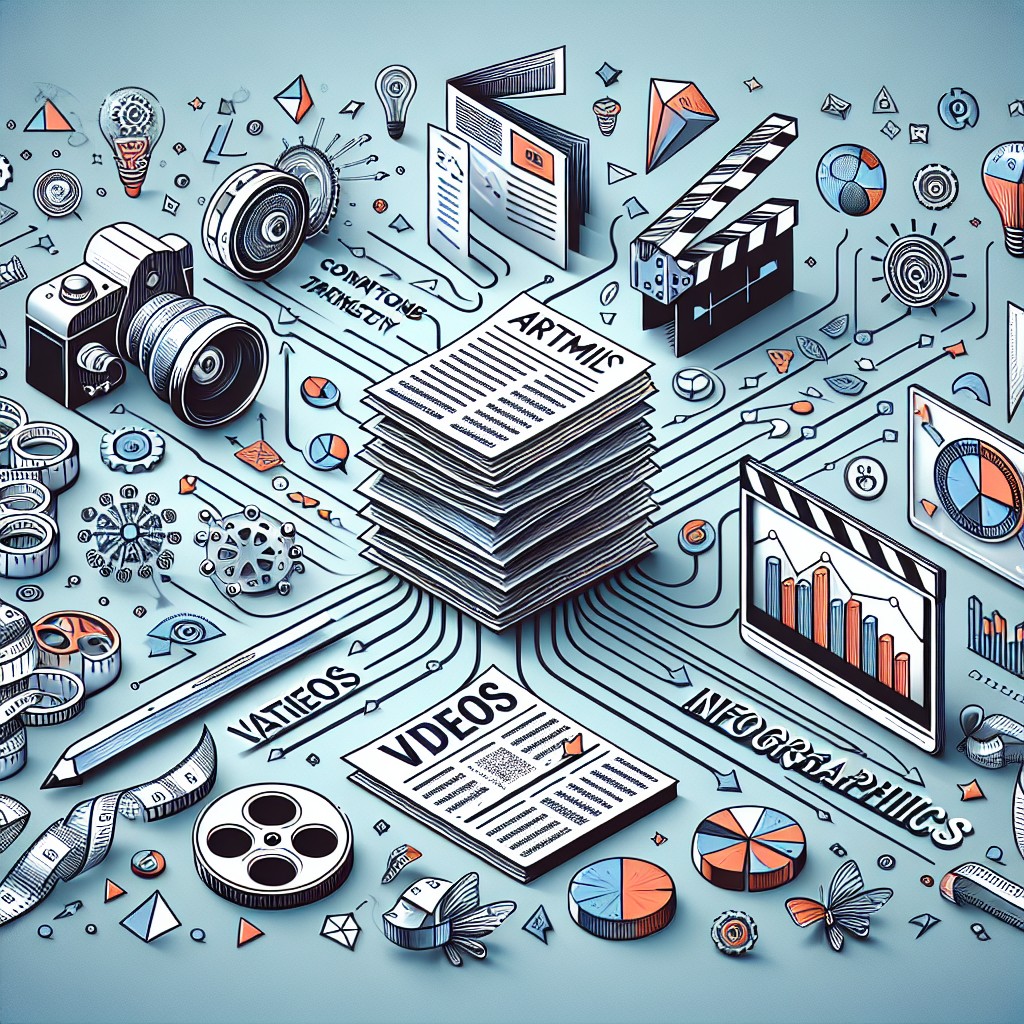 Une image représentant des éléments multimédias variés (articles, vidéos, infographies) symbolisant la stratégie de marketing de contenu.