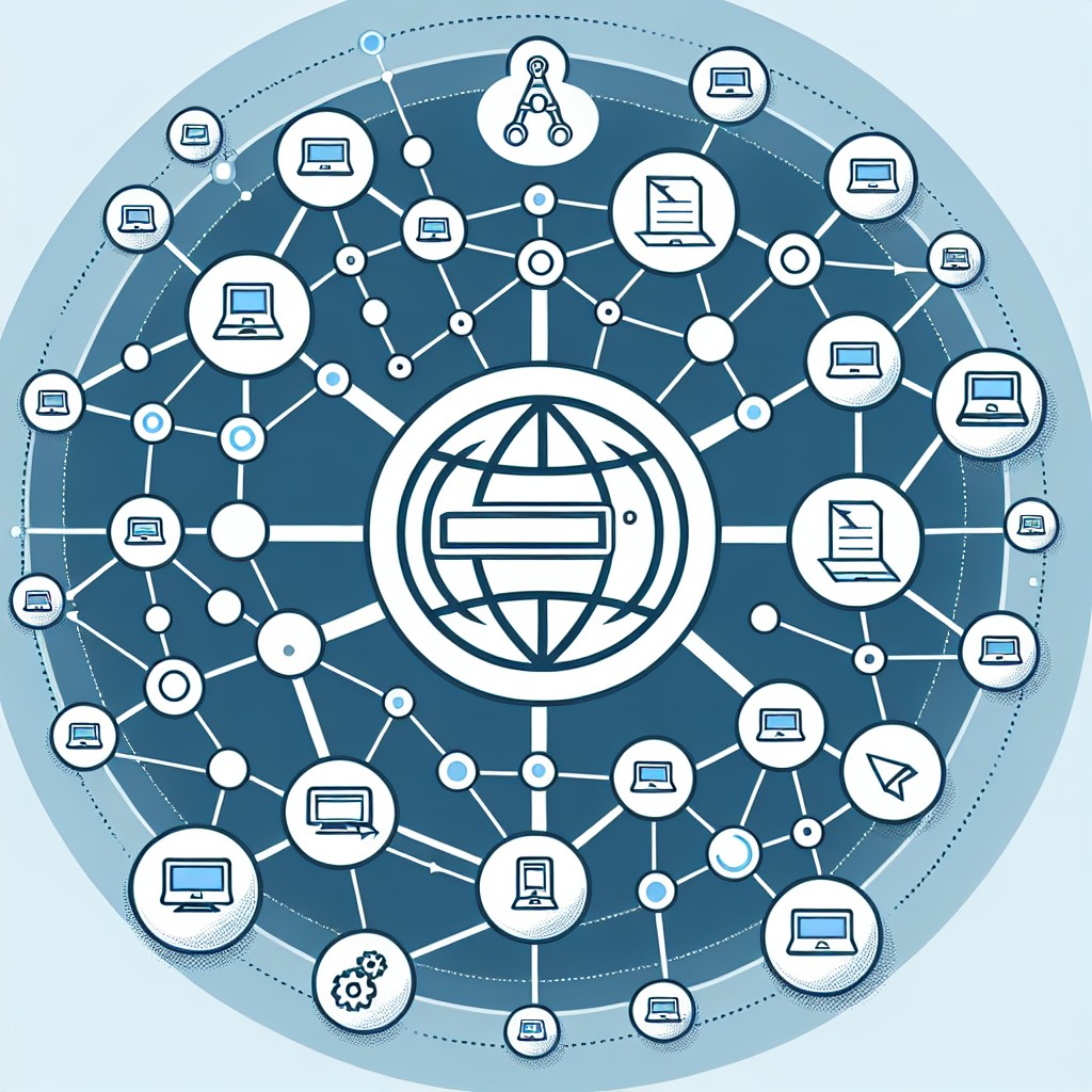 Représentation graphique de la stratégie de netlinking, montrant des connexions entre différents sites web autour d'un site central.