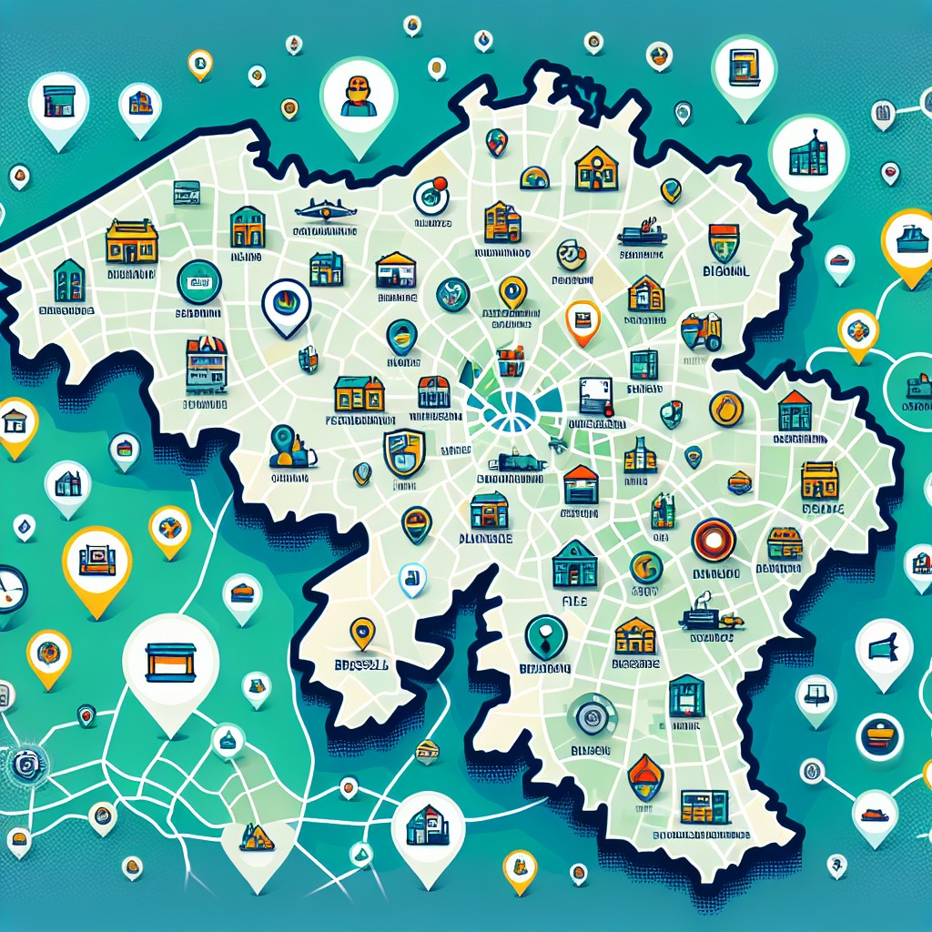 Une carte de Belgique avec des icônes représentant des entreprises locales, soulignant l'importance du référencement local.