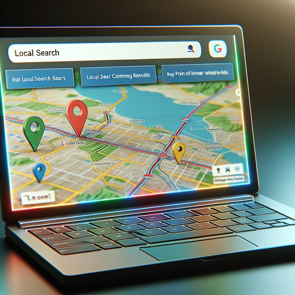 Image d'un ordinateur portable affichant des résultats de recherche locale avec une carte et des points de repères.