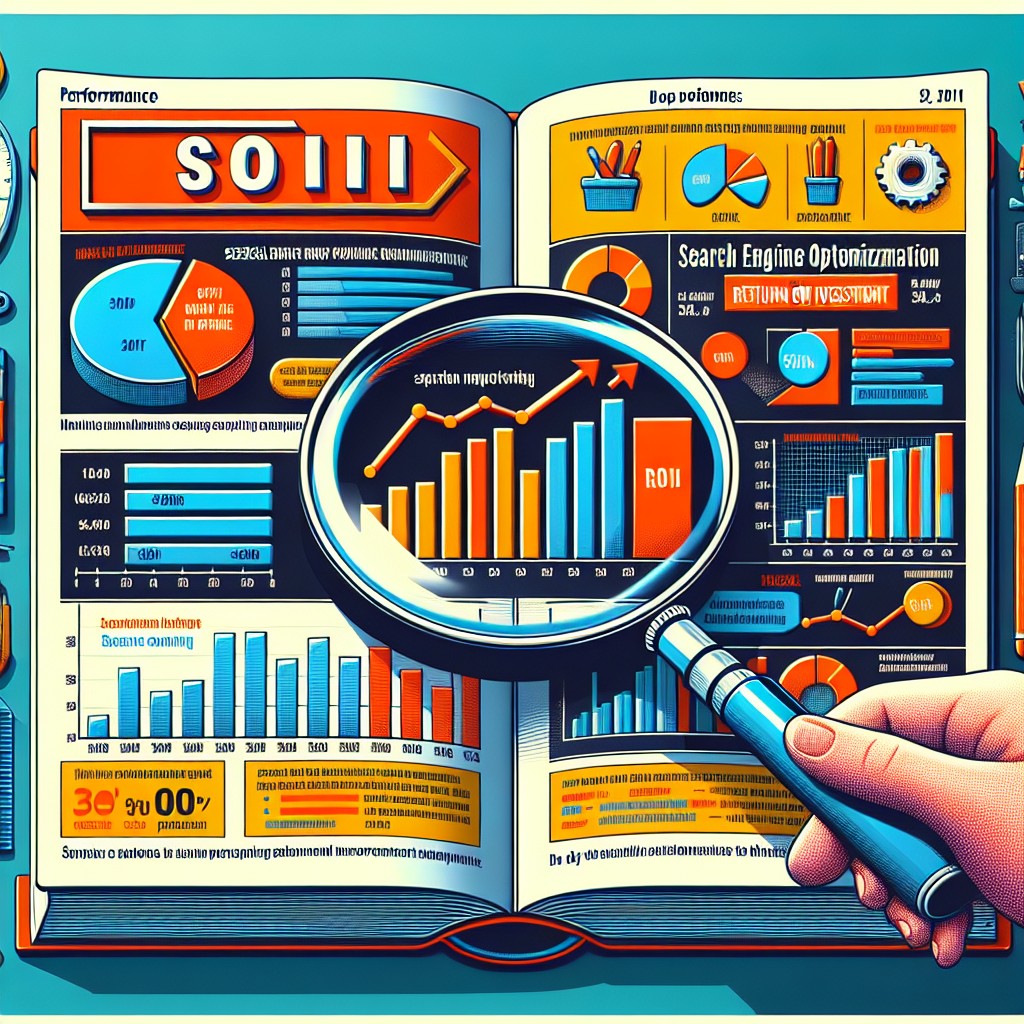 Couverture d'un article sur l'importance du SEO pour maximiser le ROI, illustrant des graphiques de performance et une loupe sur un moteur de recherche.