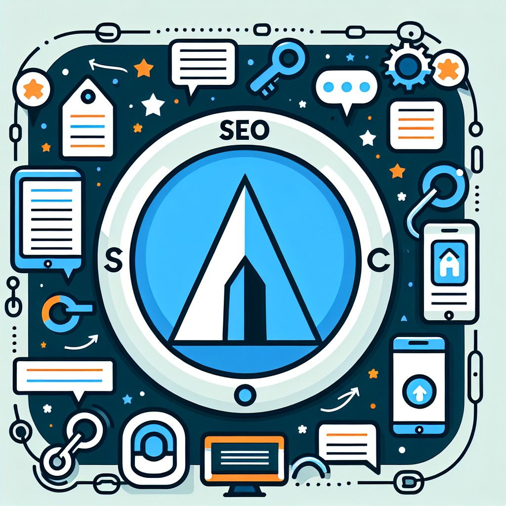 Une illustration de divers éléments SEO comme mots-clés, liens, et appareils mobiles autour d'un logo PME.