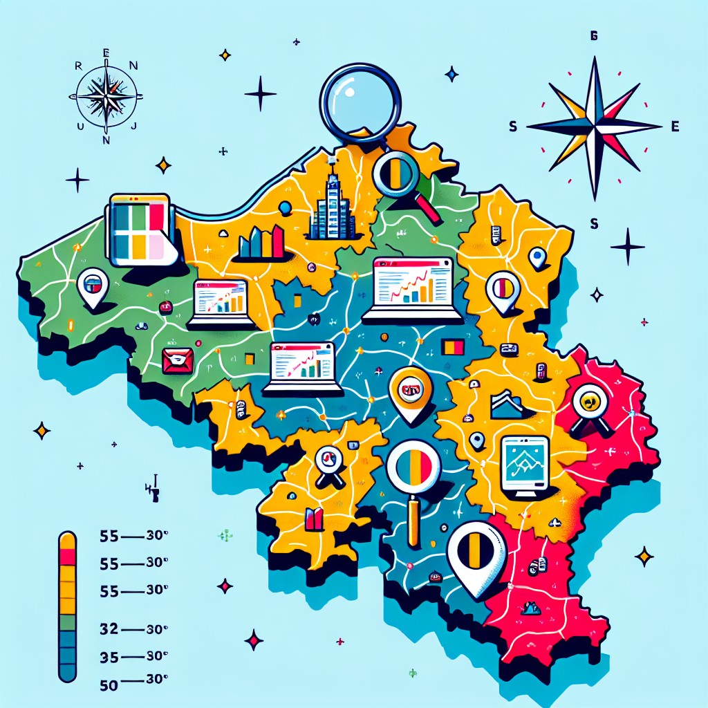 Image de couverture illustrant une carte de la Belgique avec des icônes SEO