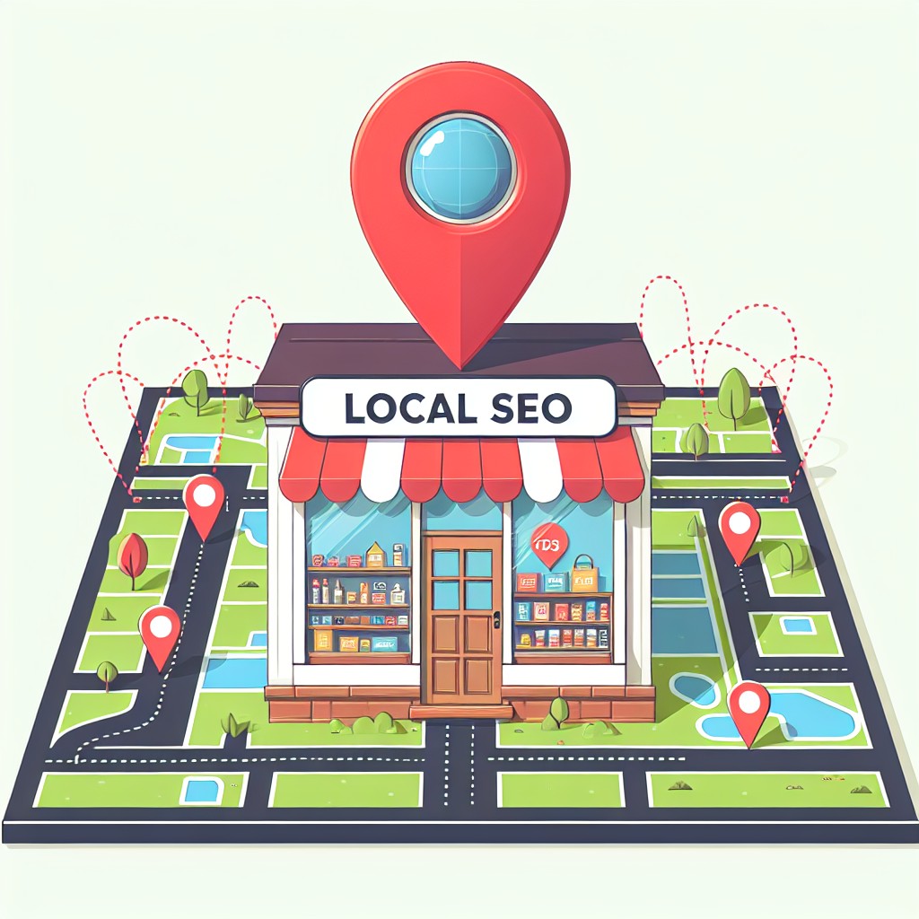 Une illustration représentant un magasin local avec une épingle de localisation sur une carte, symbolisant le SEO local pour les petites et moyennes entreprises.