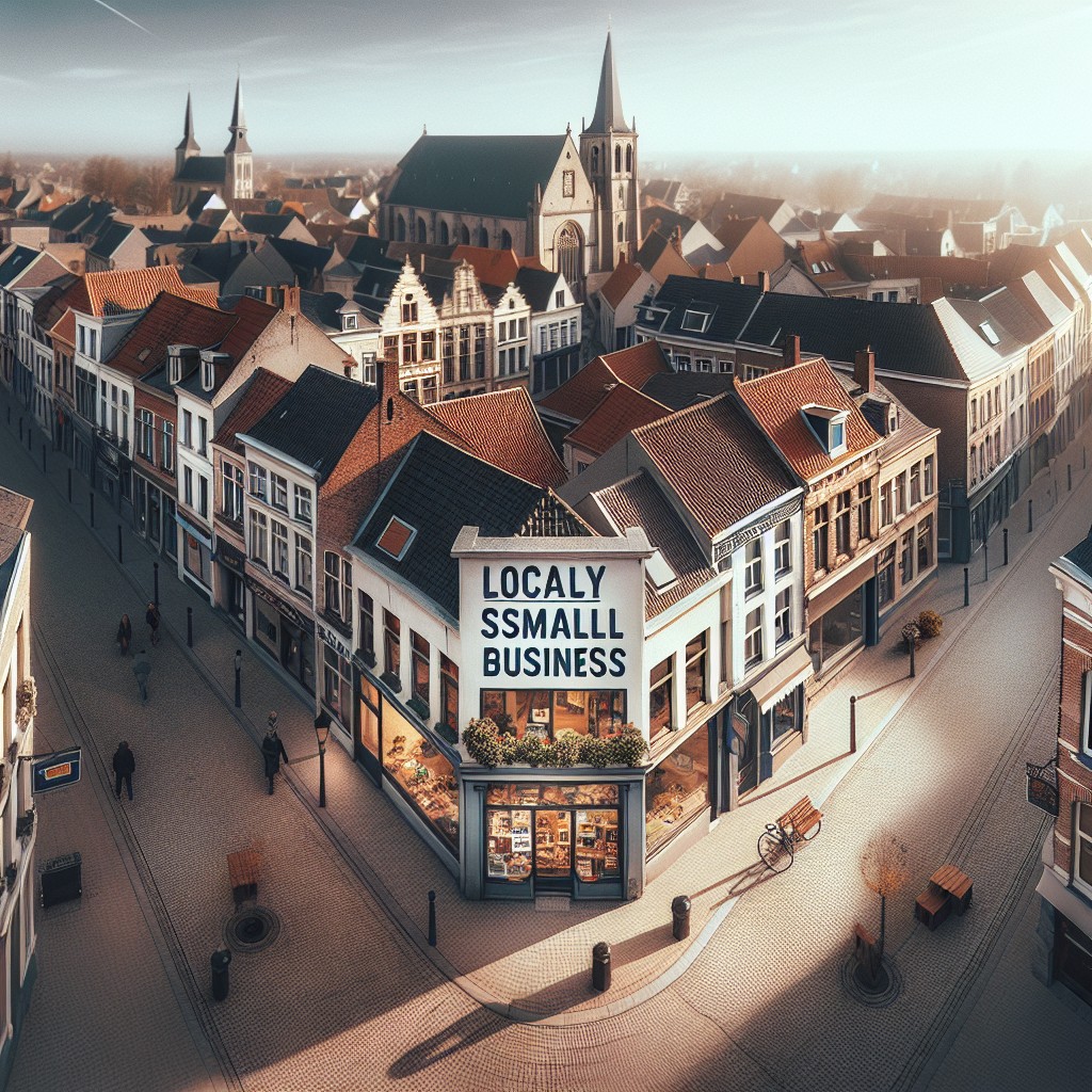 Vue panoramique d'une ville belge avec une petite entreprise locale en premier plan, illustrant l'importance de la visibilité sur le marché local.