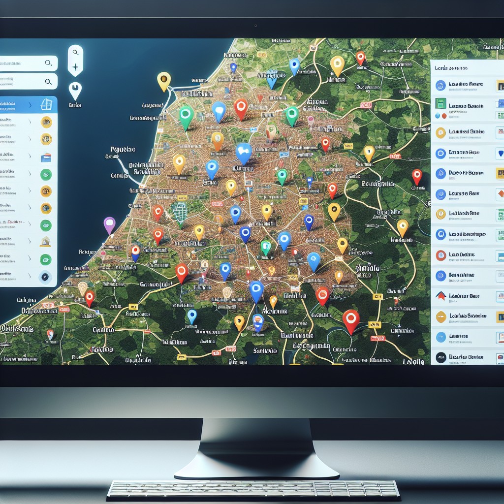 Image montrant un écran d'ordinateur avec des résultats de recherche locaux sur une carte de la Belgique, mettant en avant diverses entreprises locales.