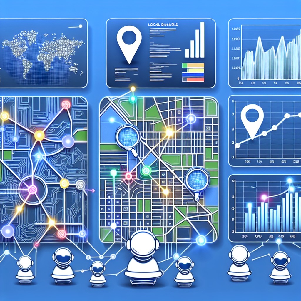 Une illustration représentant l'intégration de l'IA dans le SEO local, avec des éléments visuels montrant des cartes locales et des graphiques de données.