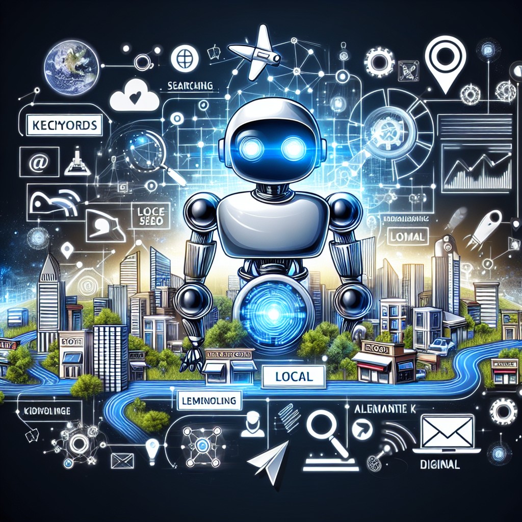 Image de couverture représentant la synergie entre l'intelligence artificielle et le référencement local, mettant en avant des éléments de marketing digital.