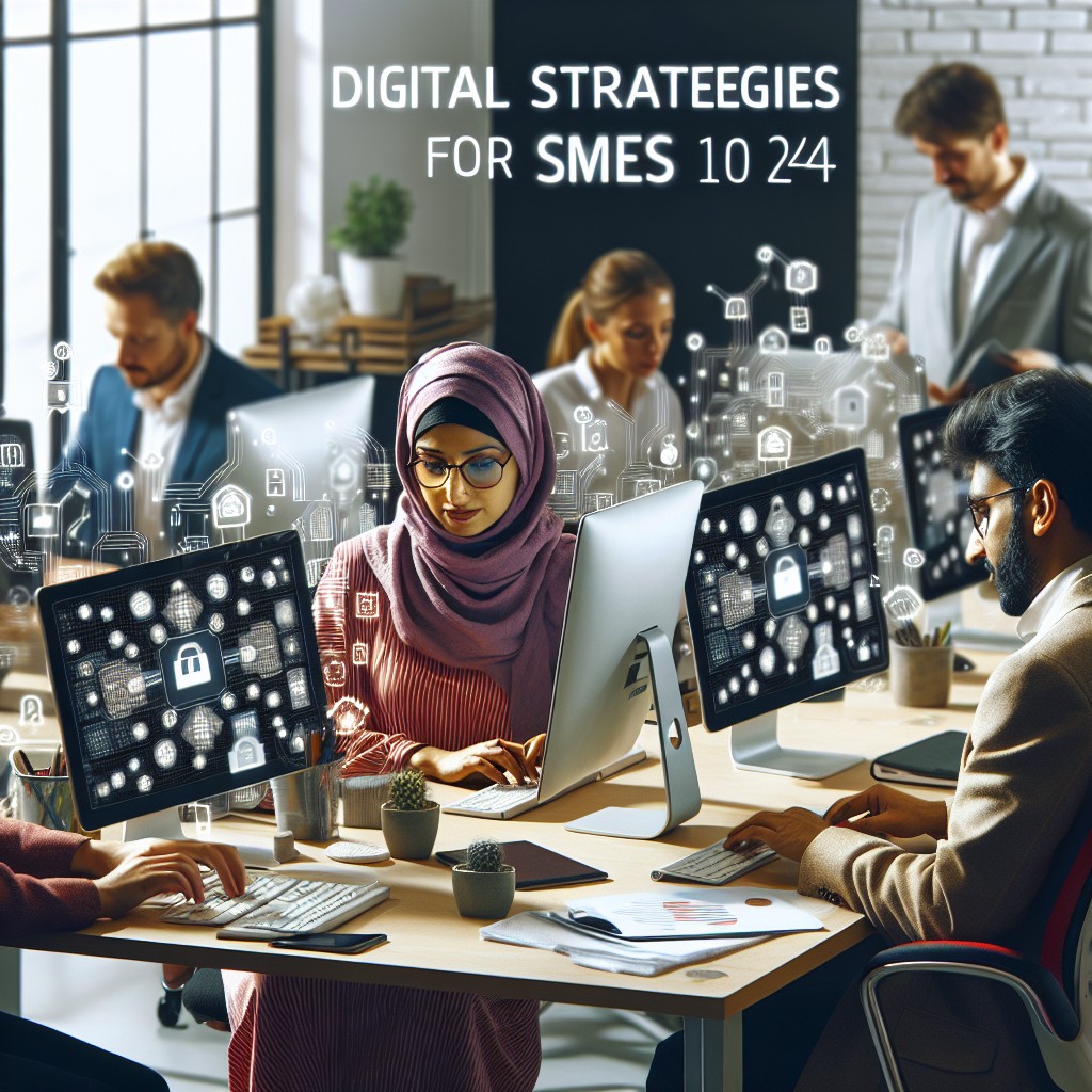 Couverture d'un article sur les stratégies digitales pour les PME en 2024, montrant des entrepreneurs travaillant sur des ordinateurs.